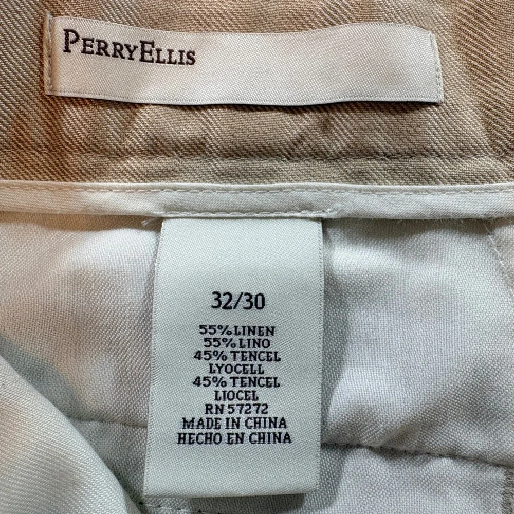 Perry Ellis Linen Blend Trousers Mens 32/30 Beige Straight Summer Dress Pants